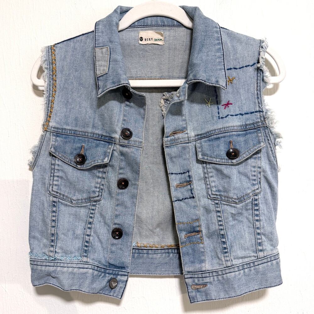 Vintage Roxy Y2K Sample Denim Vest S Blue Embroidered Festival Boho Indie Grunge